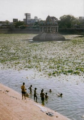 Boys playing in a bathing pool outside a temple in Madras.